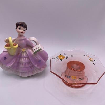 Hand painted pink glass and girl figurine