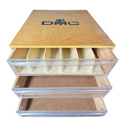 Sale Photo Thumbnail #524: This piece has three drawers, one with a divider insert. It has solid wood construction, with plastic fronts on the wood drawers. There is age related wear, including scratches. Measurement: 9.75”H x 12.75”W x 14.5”D. Pre-auction estimate: $100-$200