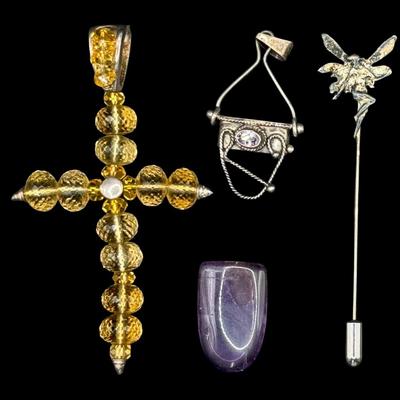 Sale Photo Thumbnail #537: [29.37g] Includes two pendants and one stick pin. The weight is overall, and includes non-silver components. One pendant has a loose stone. Measurement of longest: 3.25”L. [BK]