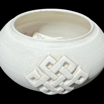 Sale Photo Thumbnail #544: Includes hand made paper weights, a ceramic Buddhist bowl, a brass scarab paperweight, an Arthur Court style glass egg, and more. Total of nine pieces. Age related wear. [BK]