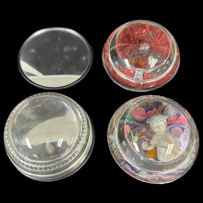 Sale Photo Thumbnail #543: Includes hand made paper weights, a ceramic Buddhist bowl, a brass scarab paperweight, an Arthur Court style glass egg, and more. Total of nine pieces. Age related wear. [BK]