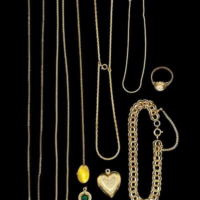 Sale Photo Thumbnail #569: Includes bracelets, chains, a ring, a locket, and more. Total of nine pieces. [BK]