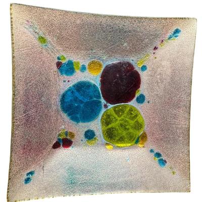 Sale Photo Thumbnail #576: This piece is hand decorated enamel on copper. There is general age related wear, with no signs of significant damage. Measurement: 4.75” x 4.75”. [BK]