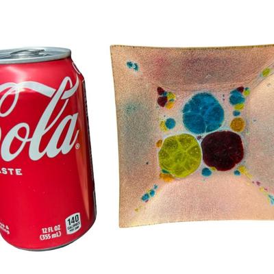 Sale Photo Thumbnail #575: This piece is hand decorated enamel on copper. There is general age related wear, with no signs of significant damage. Measurement: 4.75” x 4.75”. [BK]