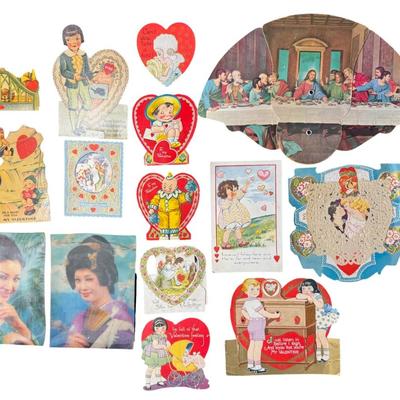 Sale Photo Thumbnail #583: Includes Japanese hologram postcards, Last Supper, and vintage Valentine’s Day cards. Total of 15 pieces. There is age related wear, including some small creases throughout. Pre-auction estimate: $100-$200. [BK]