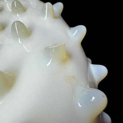 Sale Photo Thumbnail #591: Most likely from the 19th century. This piece features a hobnail pattern. It has ruffled and crimped edges. It is unsigned and similar to other pieces of this era. There is one chip on a hobnail (pictured). Measurement: 10” Diameter x 3.5”H. [BK]