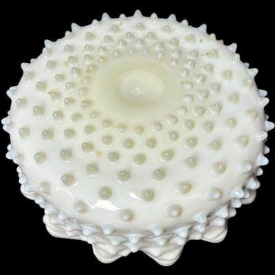 Sale Photo Thumbnail #590: Most likely from the 19th century. This piece features a hobnail pattern. It has ruffled and crimped edges. It is unsigned and similar to other pieces of this era. There is one chip on a hobnail (pictured). Measurement: 10” Diameter x 3.5”H. [BK]