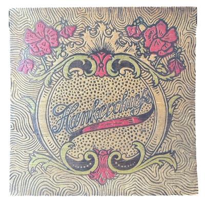 Sale Photo Thumbnail #596: This piece is pyrography scrolled and ornately decorated with an Art Nouveau motif. It is beautifully decorated with red and light green shading on the surface. There is a warp of the lid, but the hinge works correctly. Also includes five vintage handkerc