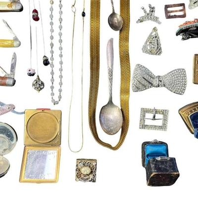 Sale Photo Thumbnail #601: Includes pocket knives, belt buckles, hat pins, vintage jewelry boxes, and more. Total of 25+ pieces. [BK]