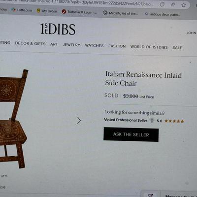 Rare Italian Renaissance Inlaid Side Chair c1600's in VG Preowned Condition as Pictured. (PICKUP ONLY)