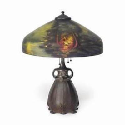 Antique PITTSBURGH Reverse Painted "CALL of the WILD" Table Lamp 22" Tall in VG Preowned Condition.