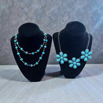 Sale Photo Thumbnail #6: Simulated Turquoise Flower Necklace and  a Bohemian Style Beaded Turquoise Necklace