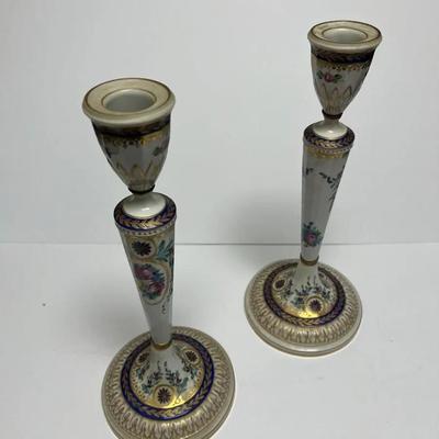 Antique Pair of Ovington Brothers Dresden 13-1/2" Porcelain Candle Holders in VG Preowned Condition.