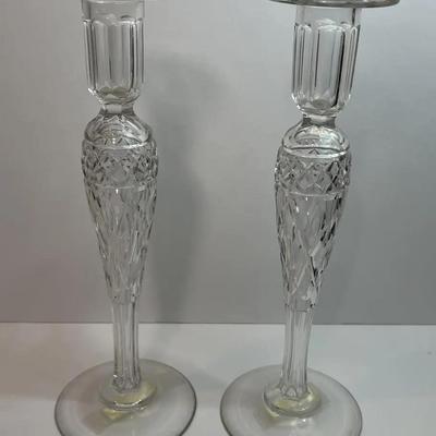 Antique Pair of Rare Pairpoint Hand Blown Crystal 12" Wheel Cut Candlesticks in VG Preowned Condition.