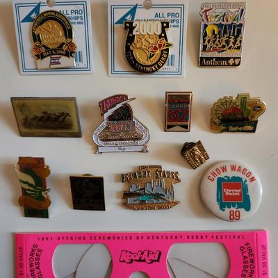 Sale Photo Thumbnail #229: This lot is for a Collection of Vintage KY Derby Memorabilia & Metal Pins.  This grouping includes metal pins sanctioned by Churchill Downs and other items like a Thunder Pin, Thunder Glasses, a Belmont Stakes Pin and another from a Breeders Cup.  Great l