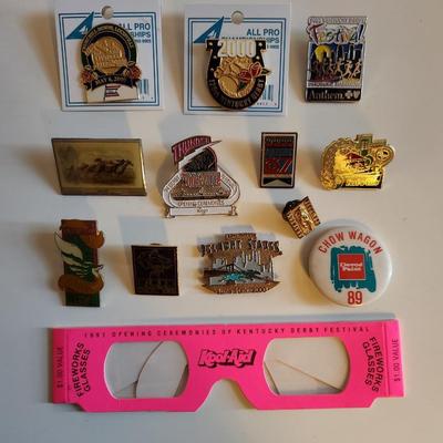 Sale Photo Thumbnail #223: This lot is for a Collection of Vintage KY Derby Memorabilia & Metal Pins.  This grouping includes metal pins sanctioned by Churchill Downs and other items like a Thunder Pin, Thunder Glasses, a Belmont Stakes Pin and another from a Breeders Cup.  Great l