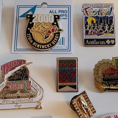 Sale Photo Thumbnail #220: This lot is for a Collection of Vintage KY Derby Memorabilia & Metal Pins.  This grouping includes metal pins sanctioned by Churchill Downs and other items like a Thunder Pin, Thunder Glasses, a Belmont Stakes Pin and another from a Breeders Cup.  Great l