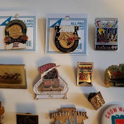 Sale Photo Thumbnail #224: This lot is for a Collection of Vintage KY Derby Memorabilia & Metal Pins.  This grouping includes metal pins sanctioned by Churchill Downs and other items like a Thunder Pin, Thunder Glasses, a Belmont Stakes Pin and another from a Breeders Cup.  Great l