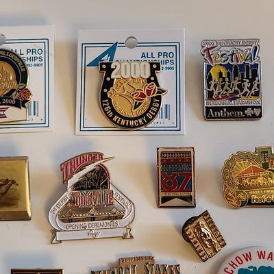Sale Photo Thumbnail #221: This lot is for a Collection of Vintage KY Derby Memorabilia & Metal Pins.  This grouping includes metal pins sanctioned by Churchill Downs and other items like a Thunder Pin, Thunder Glasses, a Belmont Stakes Pin and another from a Breeders Cup.  Great l