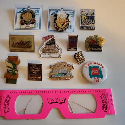 Sale Photo Thumbnail #222: This lot is for a Collection of Vintage KY Derby Memorabilia & Metal Pins.  This grouping includes metal pins sanctioned by Churchill Downs and other items like a Thunder Pin, Thunder Glasses, a Belmont Stakes Pin and another from a Breeders Cup.  Great l