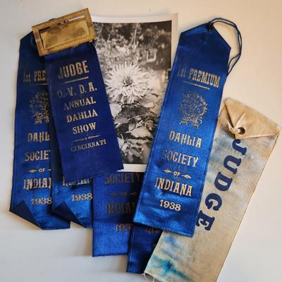 Sale Photo Thumbnail #230: This lot is for a grouping of Vintage Blue Ribbons for a Dahlia Flower. The ribbons are dated 1938 and come from Cincinnati and Indiana.  Great vintage items for many purposes.