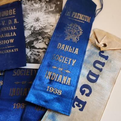 Sale Photo Thumbnail #233: This lot is for a grouping of Vintage Blue Ribbons for a Dahlia Flower. The ribbons are dated 1938 and come from Cincinnati and Indiana.  Great vintage items for many purposes.