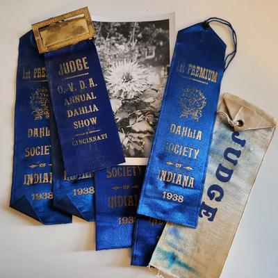 Sale Photo Thumbnail #231: This lot is for a grouping of Vintage Blue Ribbons for a Dahlia Flower. The ribbons are dated 1938 and come from Cincinnati and Indiana.  Great vintage items for many purposes.