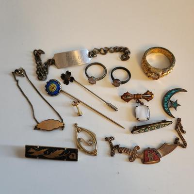 Sale Photo Thumbnail #243: This lot is for items we found in the Bottom of the Jewelry Box.  Several rings, tie clasps, pins and bars. Some interesting pieces that could be used for many purposes.