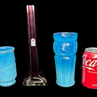 Sale Photo Thumbnail #615: Includes a Pilgrim Glass bud vase, a Wheaton glass vase, a Fenton carnival glass bowl, and more. Total of four pieces. No obvious chips or cracks. Measurement of tallest: 10”H (Pilgrim vase). [BK]