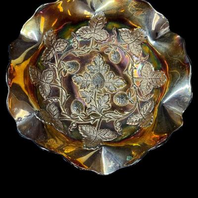 Sale Photo Thumbnail #614: Includes a Pilgrim Glass bud vase, a Wheaton glass vase, a Fenton carnival glass bowl, and more. Total of four pieces. No obvious chips or cracks. Measurement of tallest: 10”H (Pilgrim vase). [BK]