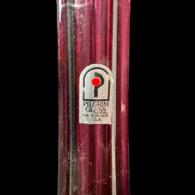 Sale Photo Thumbnail #613: Includes a Pilgrim Glass bud vase, a Wheaton glass vase, a Fenton carnival glass bowl, and more. Total of four pieces. No obvious chips or cracks. Measurement of tallest: 10”H (Pilgrim vase). [BK]