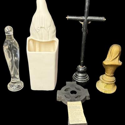 Sale Photo Thumbnail #656: Includes a Virgin Mary bust, a cross, a crucifix, and more. Total of five pieces. Measurement of largest: 10.5”H (crucifix). [BK]