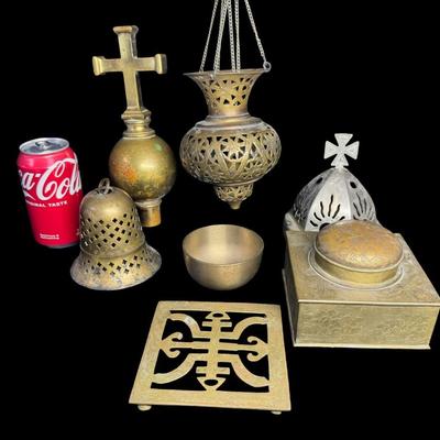 Sale Photo Thumbnail #666: Includes incense burners, a finial, a trivet, and more. Total of six pieces. [BK]