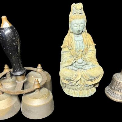 Sale Photo Thumbnail #675: Includes two brass bells, and a Kuan Yin statue. [BK]