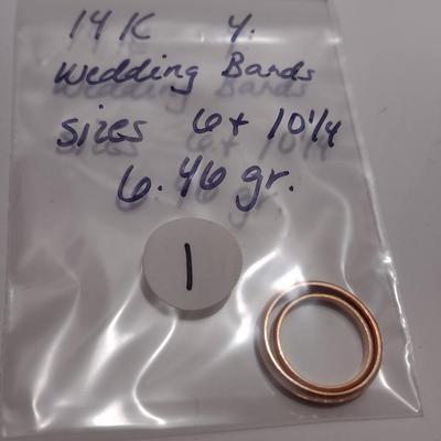 14 Karat Yellow Gold Wedding Band Pair- Sizes 6 and 10 1/4, Approx Total Weight 6.46 Grams (#1)