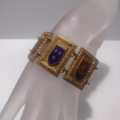 Vintage 1940's French Heraldic Province Coat of Arms Link Bracelet- Seven Panel Design-Possibly Bronze- 7 5/8" Long (#5)