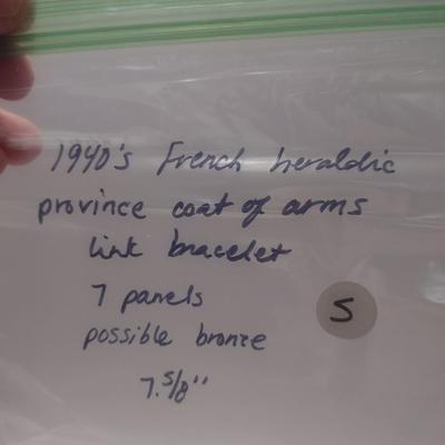 Vintage 1940's French Heraldic Province Coat of Arms Link Bracelet- Seven Panel Design-Possibly Bronze- 7 5/8" Long (#5)