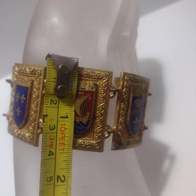 Vintage 1940's French Heraldic Province Coat of Arms Link Bracelet- Seven Panel Design-Possibly Bronze- 7 5/8" Long (#5)