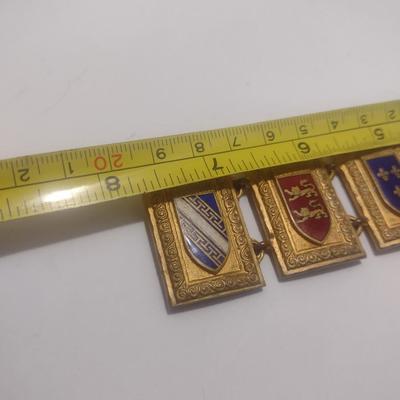 Vintage 1940's French Heraldic Province Coat of Arms Link Bracelet- Seven Panel Design-Possibly Bronze- 7 5/8" Long (#5)