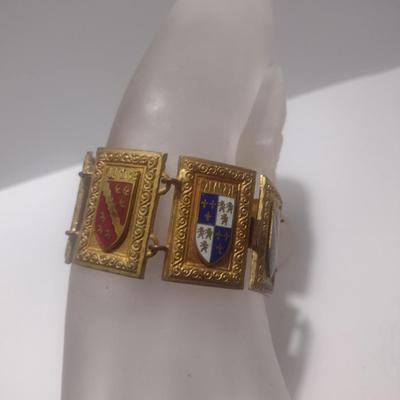 Vintage 1940's French Heraldic Province Coat of Arms Link Bracelet- Seven Panel Design-Possibly Bronze- 7 5/8" Long (#5)