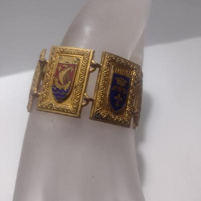 Vintage 1940's French Heraldic Province Coat of Arms Link Bracelet- Seven Panel Design-Possibly Bronze- 7 5/8" Long (#5)