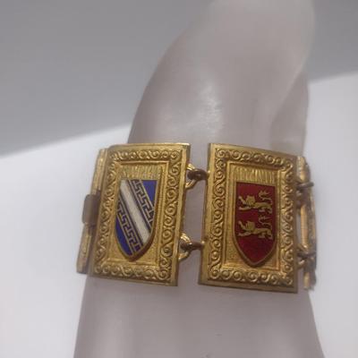 Vintage 1940's French Heraldic Province Coat of Arms Link Bracelet- Seven Panel Design-Possibly Bronze- 7 5/8" Long (#5)