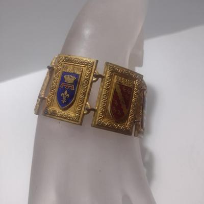 Vintage 1940's French Heraldic Province Coat of Arms Link Bracelet- Seven Panel Design-Possibly Bronze- 7 5/8" Long (#5)