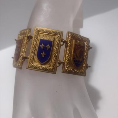 Vintage 1940's French Heraldic Province Coat of Arms Link Bracelet- Seven Panel Design-Possibly Bronze- 7 5/8" Long (#5)