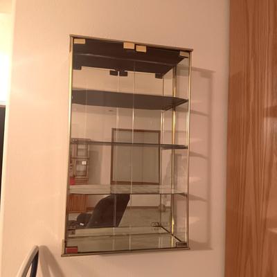 WALL HUNG GLASS DISPLAY CASE WITH MIRRORED SHELVES AND BACK GROUND