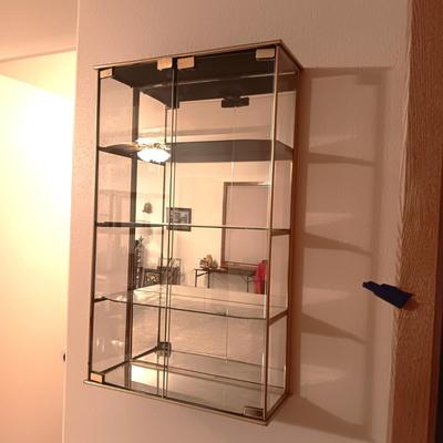 WALL HUNG GLASS DISPLAY CASE WITH MIRRORED SHELVES AND BACK GROUND
