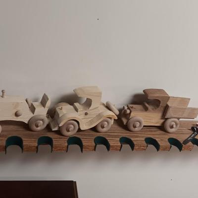 3 HANDCRAFTED WOODEN TOYS AND A CALIFORNIA RAISINS WATCH