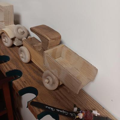 3 HANDCRAFTED WOODEN TOYS AND A CALIFORNIA RAISINS WATCH