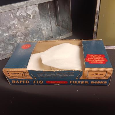 GALVANIZED MILK BOX, STRAINER PADS AND METAL BREAD BOX