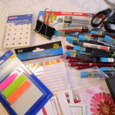 Sale Photo Thumbnail #8: Birthday & other greeting cards, note pads, Calculator, scissors, pencils, mechanical pencils, lead, pedometer, posti-it flags, tape, pens, etc. Pens are tested and they work.